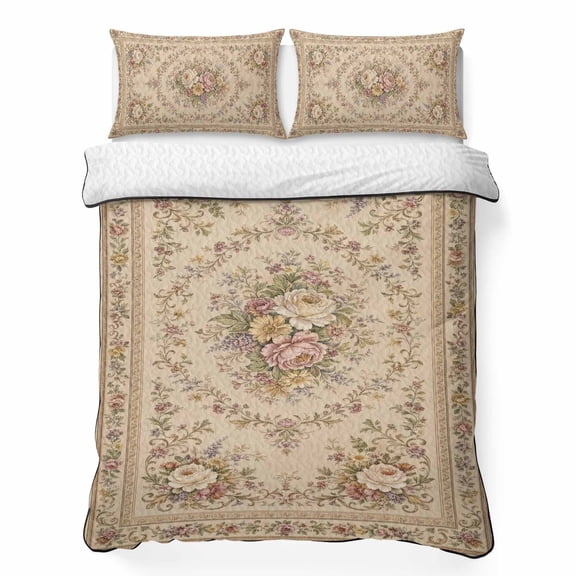 Pink Flower 3 Piece Quilt Bedding Set with 2 Pillow Shams, Classical Beige Floral Vine Frame Art Prints Rustic Lightweight Bedspread Coverlet, Soft Breathable All Season Quilt, 96 x 106 Inch
