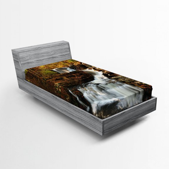 Ambesonne United States Fitted Sheet, Cascade Delaware, Twin XL Size, Brown Green White