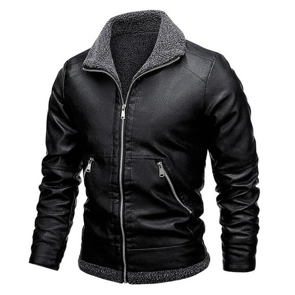 IYTR Mens Winter Jacket Fleece Leather Jackets Vintage Long Sleeve Coats Lapel Collar Outdoor Motorcycle Jacket Zip Up Coat (Black,M)