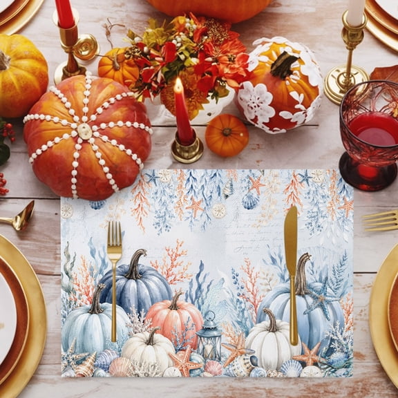 Coastal Thanksgiving Placemats Set of 1, Orange Blue Fall Pumpkin Seaweed Vintage Non-Slip Place Mats Washable Table Mats for Kitchen Dining Table Decorations Indoor/Outdoor