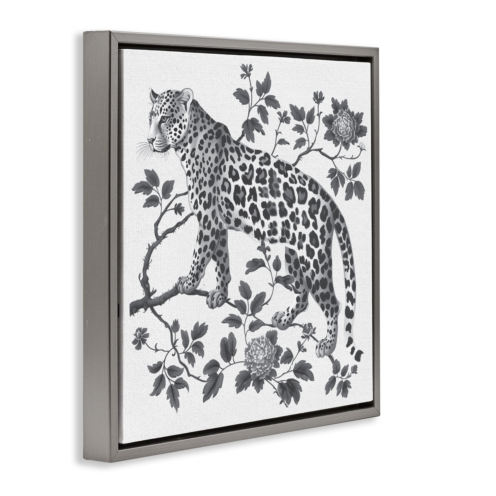 Monochrome Detail Leopard Gray Framed Floater Canvas Wall Art, design by Lettered and Lined