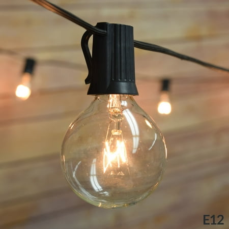 Fantado 25 Socket Outdoor Patio String Light Set, G40 Clear Globe Bulbs, 28 FT Black Cord w/ E12 C7 Base by