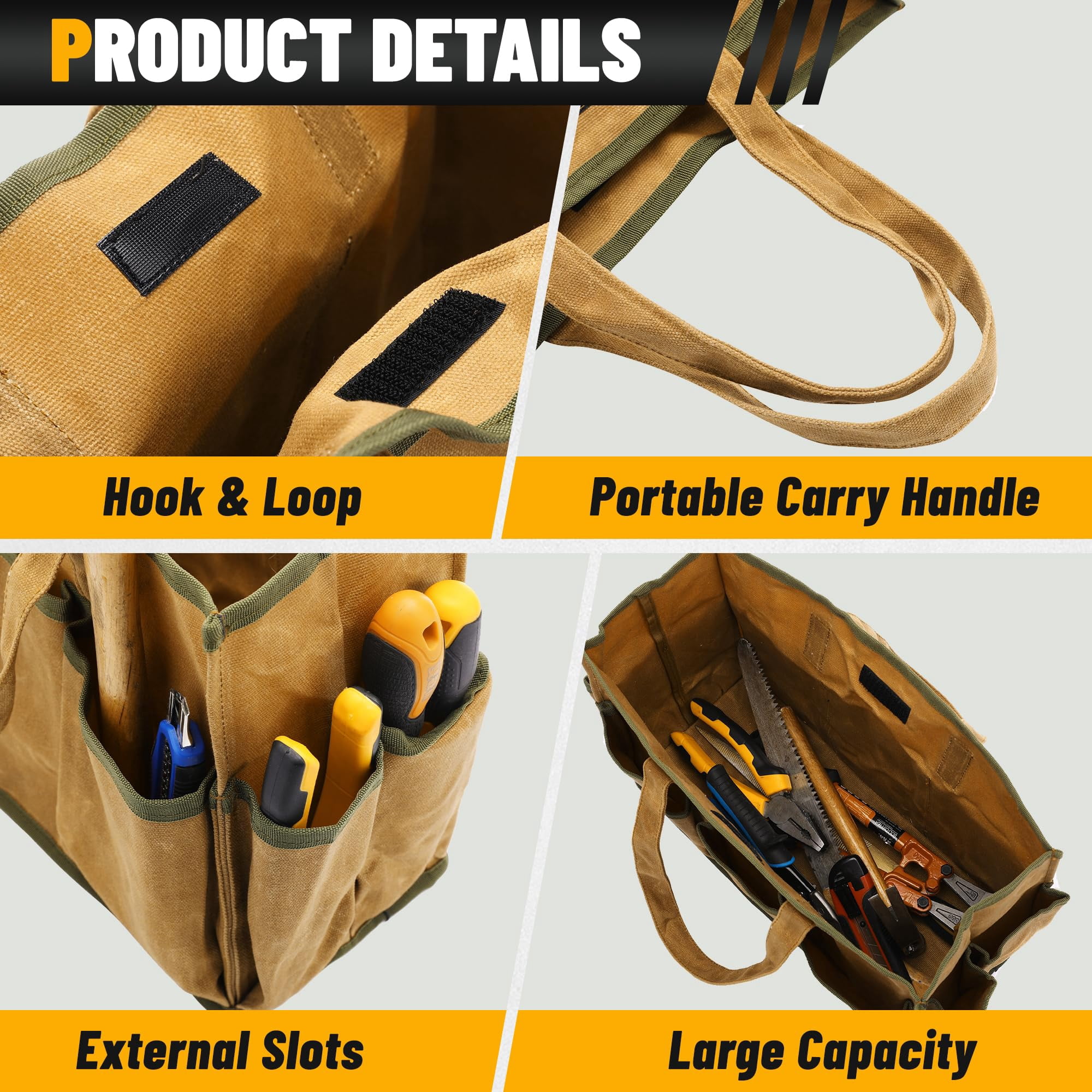 Lohol 16OZ Waxed Canvas Tool Tote Bag for Garden Tools Wrench Set & Screwdrivers | 11-Pocket Garden Tool Bag with Portable Handles, Multi-Purpose Tool Storage Organizer (14"L x 5.5"W x 10.5"H) – Grey