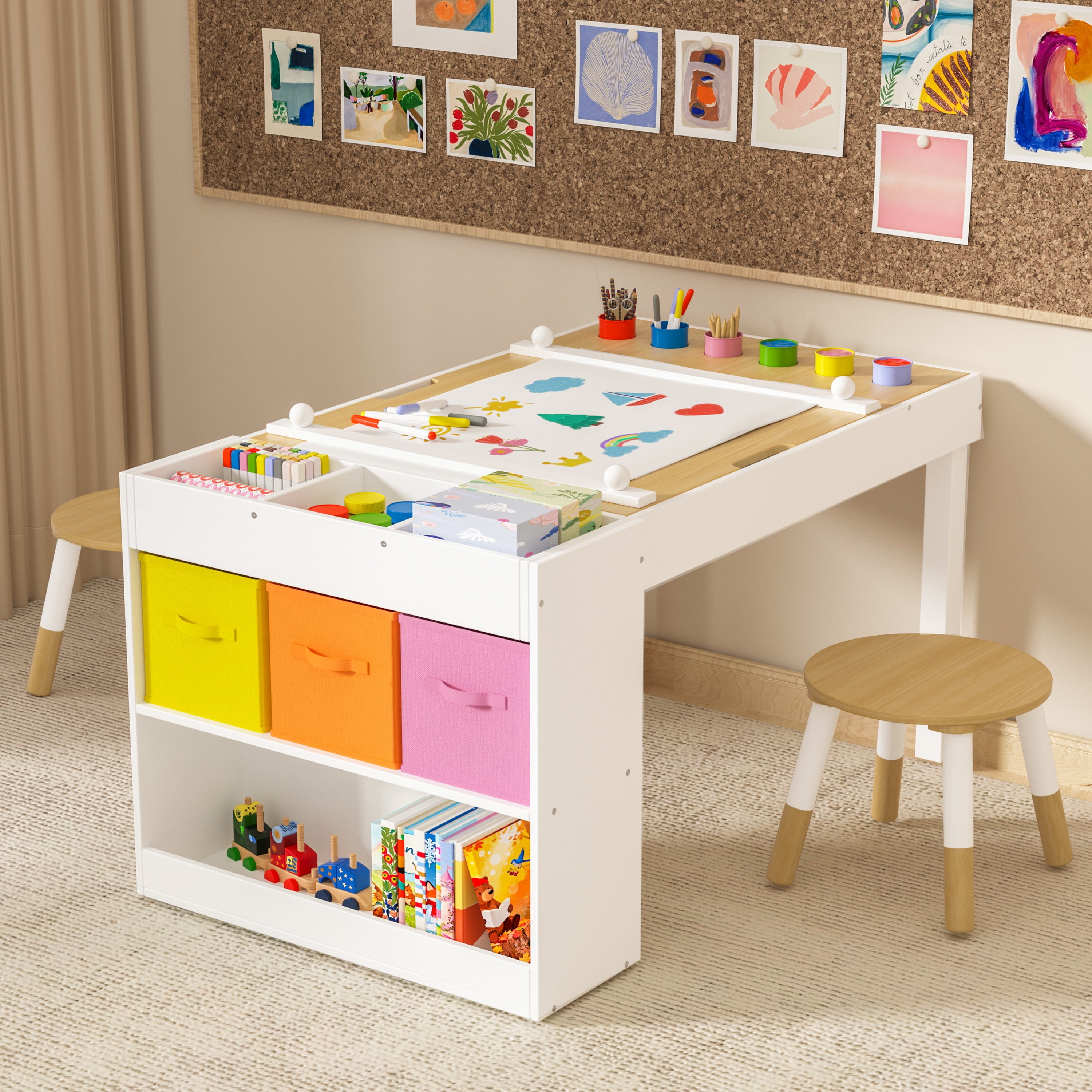 Reasea Kids Art Table with 2 Chairs - Wooden Kids Activity Desk Set Includes Baseplates, Paper Roll & Storage | 39" x 23" Craft Table for Drawing, Building & Learning