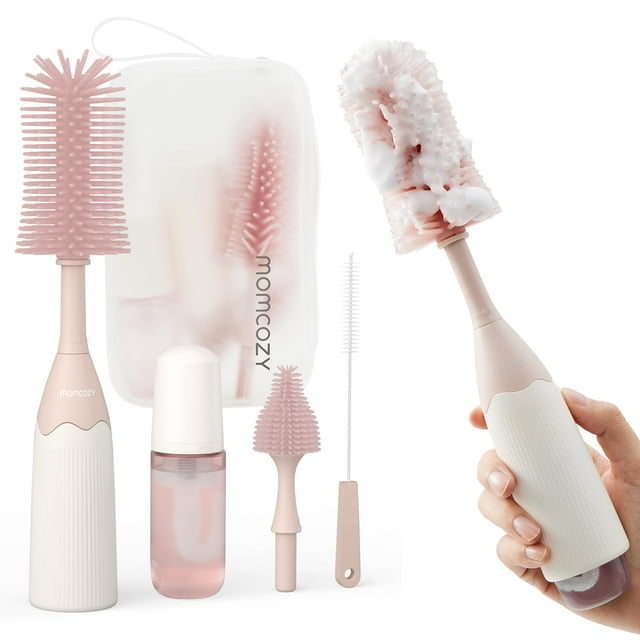 Kit de cepillos para biberones Momcozy Push-Press Design, color rosa