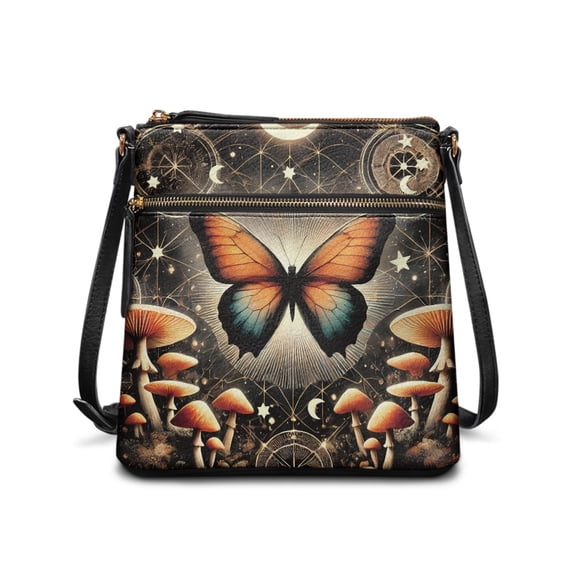 Kuiaobaty Butterfly Mushroom Print Crossbody Bag for Women, Medium Size Vegan Leather Shoulder Handbag Crossbody, Multi Pockets Sling Purse with Adjustable Strap for Travel
