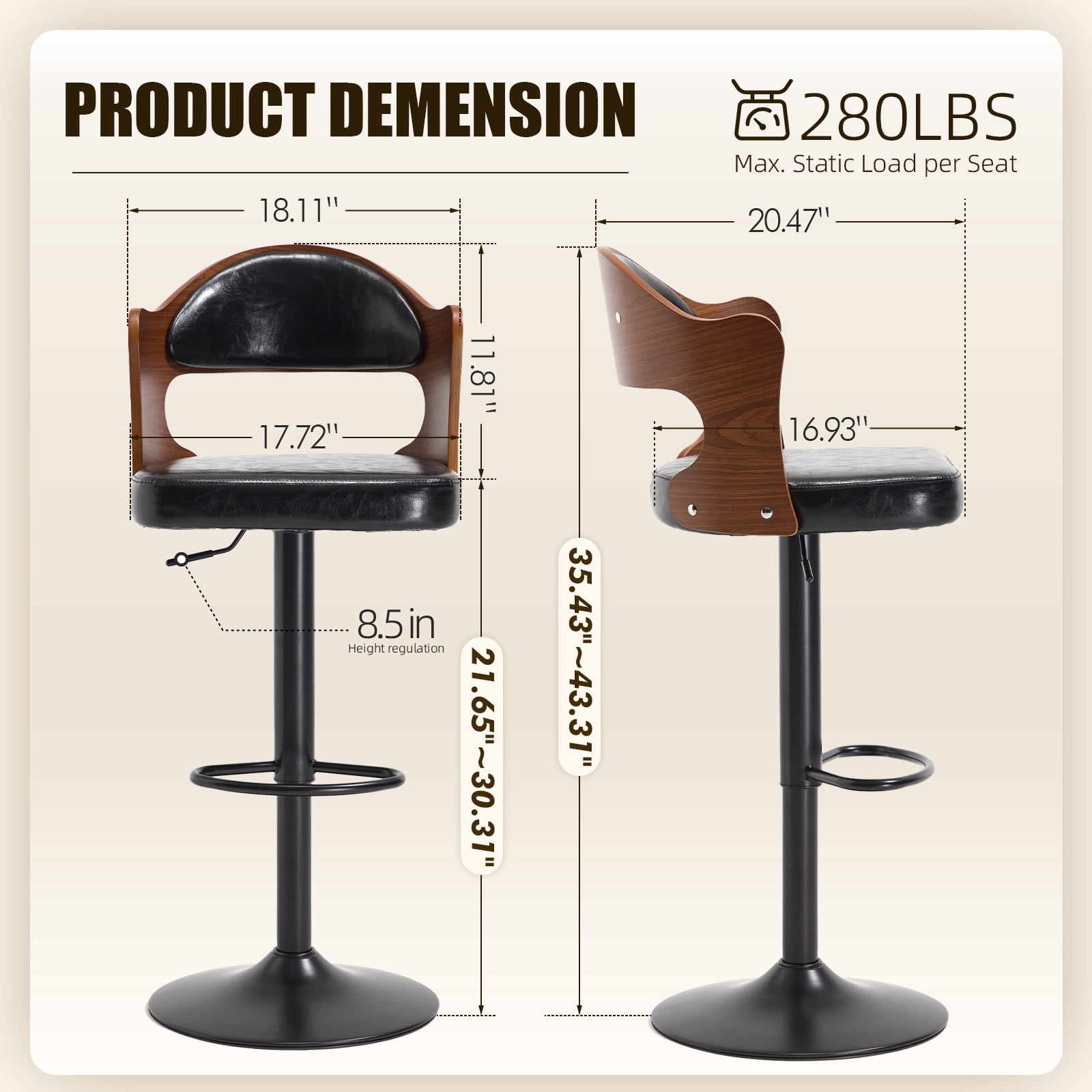 Homefun Swivel Bar Stools Set of 2,Wooden Upholstered Scratch-Resistant Fabric with Back,Chairs for Kitchen Island,Black
