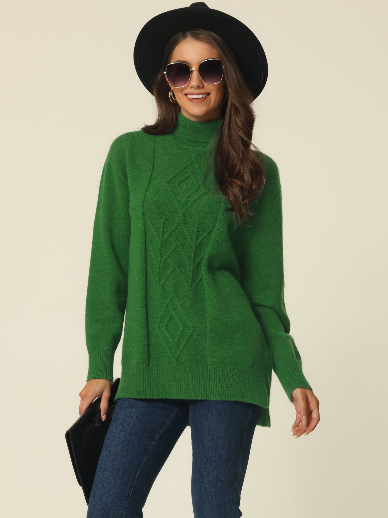 Unique Bargains Women's Turtleneck Long Sleeve Spilt Hem Tunic Pullover Sweater M Green