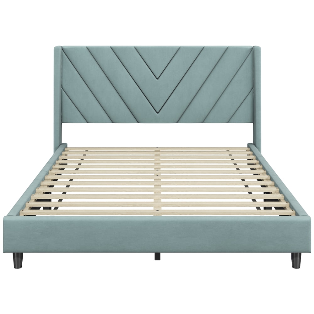 Yaheetech Upholstered Platform Bed with Wooden Slat Support and Tufted Headboard, Queen, Blue Lake