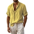 thumbnail image 3 of Men's Cotton Linen Shirts Solid Loose Short Sleeved Collar Buttons Top Soft Comfort Casual Tee Shirts Holiday Street Clothing Summer Beach Wear, 3 of 7