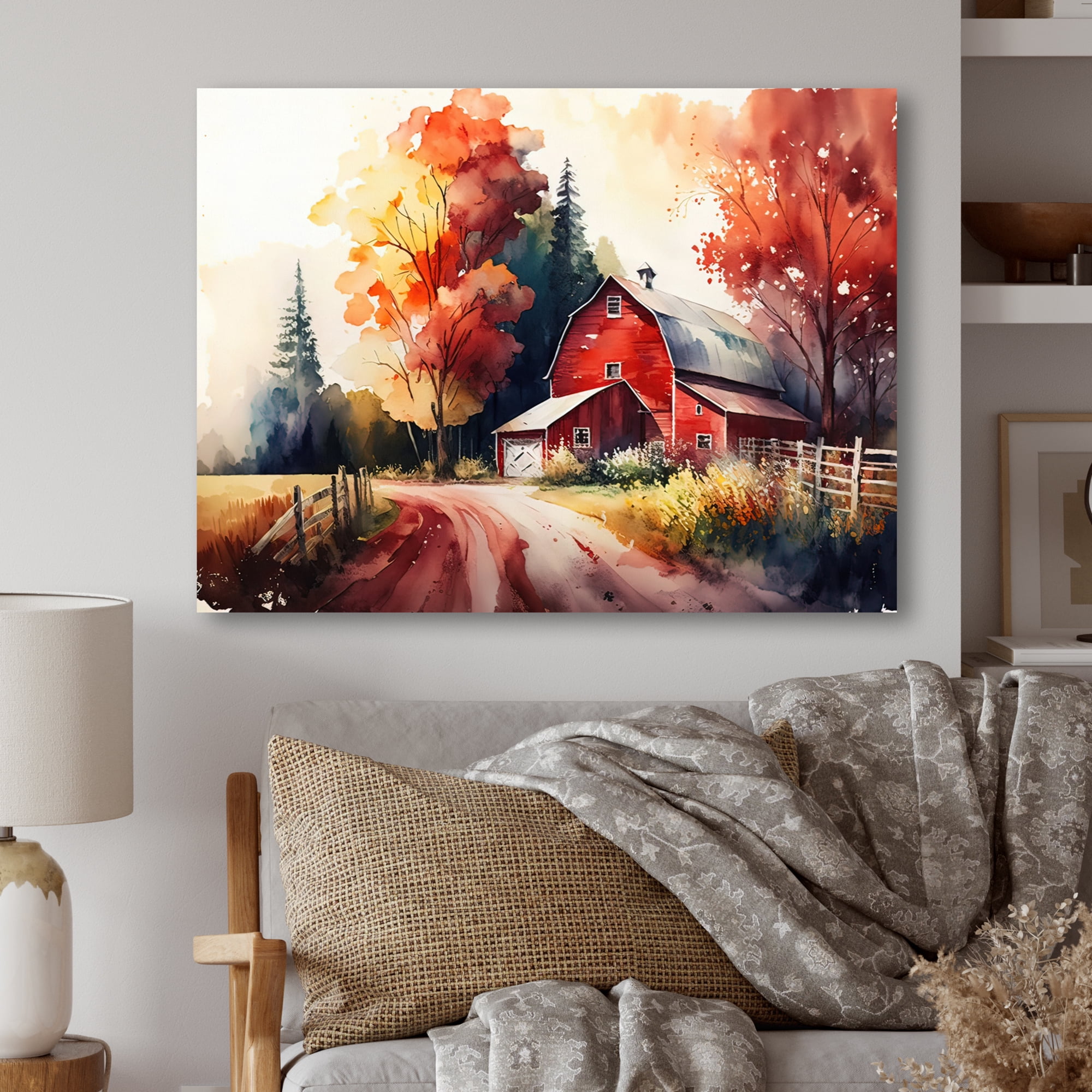 Designart Calm Red Barn In Spring IV Canvas Wall Art