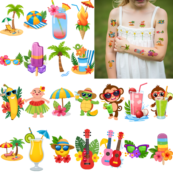 54pcs Temporary Tattoo Stickers Waterproof Long Lasting Body Stickers Hawaiian Beach Coconut Tree Ice Cream Swimming Ring Kids Boys Girls Tattoo Stickers Arm Arm Shoulder Face