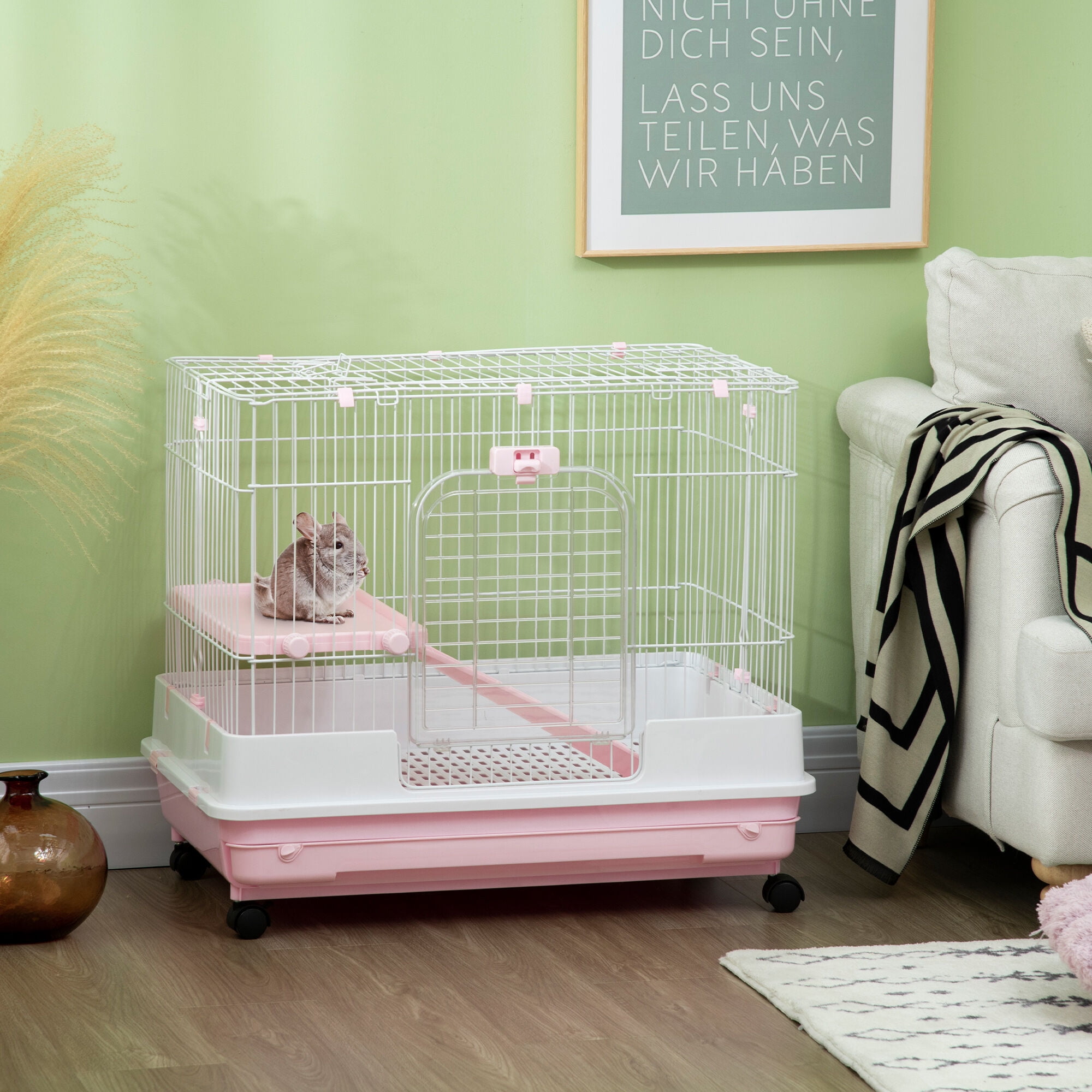 Pink 2-Level Small Animal Cage with Wheels, Rabbit Hutch for Bunny & Chinchillas, 32"L x 20.8"W x 26"H