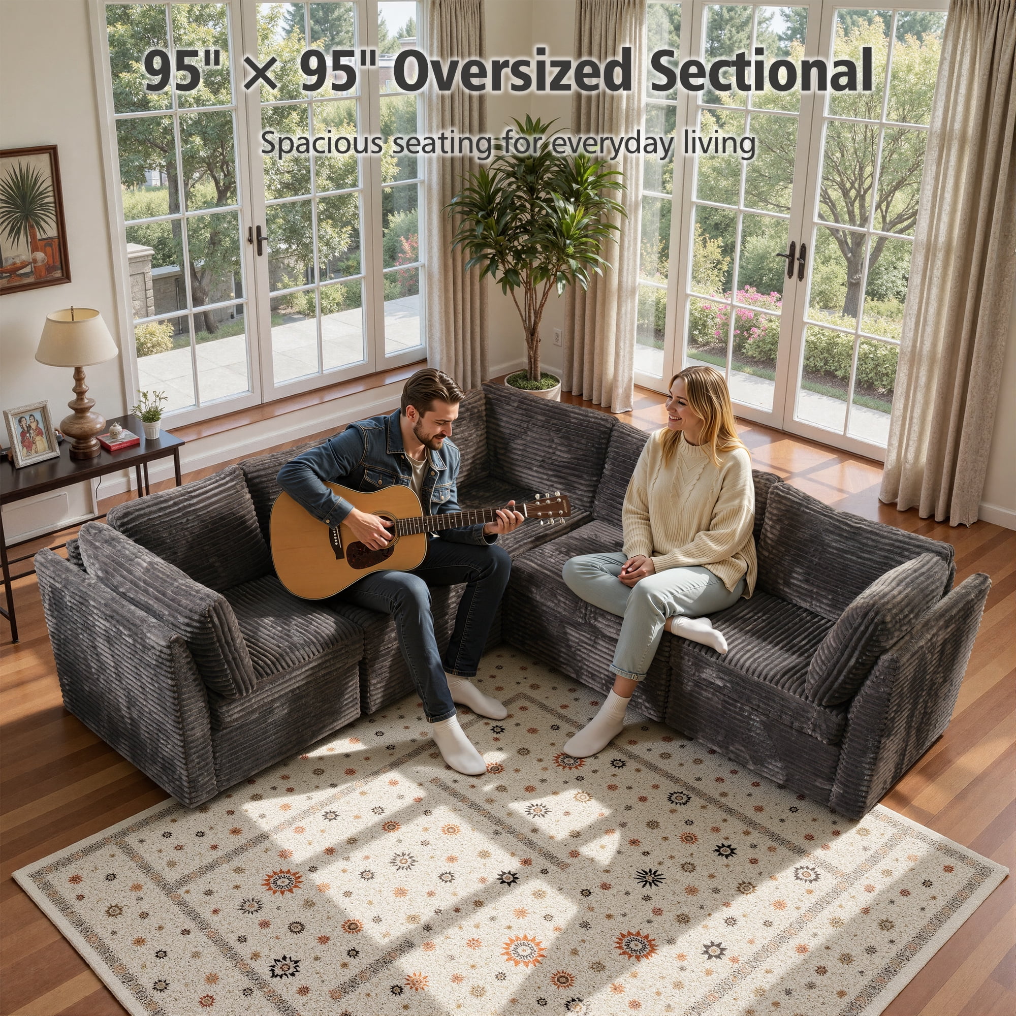 Ovios 95" Modular Sectional Sofa Deep Seat Cloud Couch with Chaise L-Shaped Corduroy Couch for Living Room, 5 Seat, Gray