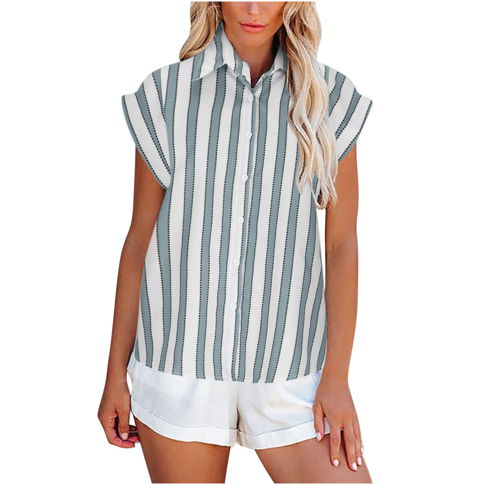 Women Button Down TShirt Vertical Striped Cap Sleeve Collar Shirts