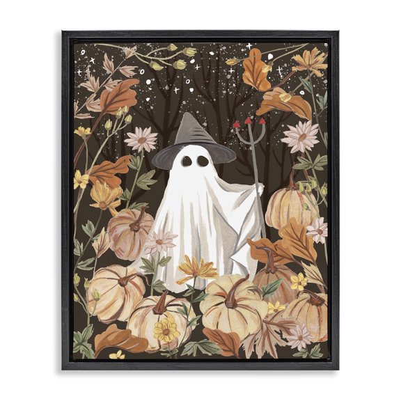 Stupell Industries Ghost in Floral Pumpkin Patch Holiday Painting Black Floater Framed Canvas Art Print Wall Art, 17 x 21