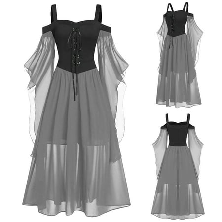 Womens s Medieval Renaissance Costume Cosplay Dress Long Sleeve Cold Shoulder Steampunk Gothic Victorian Corset Dress Womens Plus Size Solid Lace Up Halloween Dress  Dark Gray&XXL