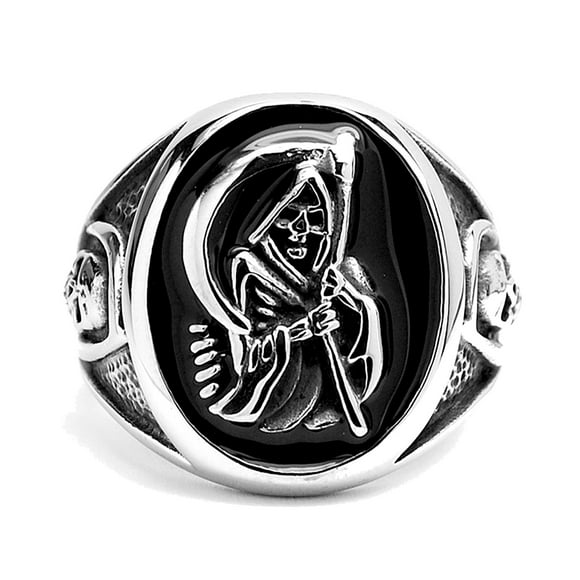 Men's Stainless Steel Casted Grim Reaper Ring with Enamel