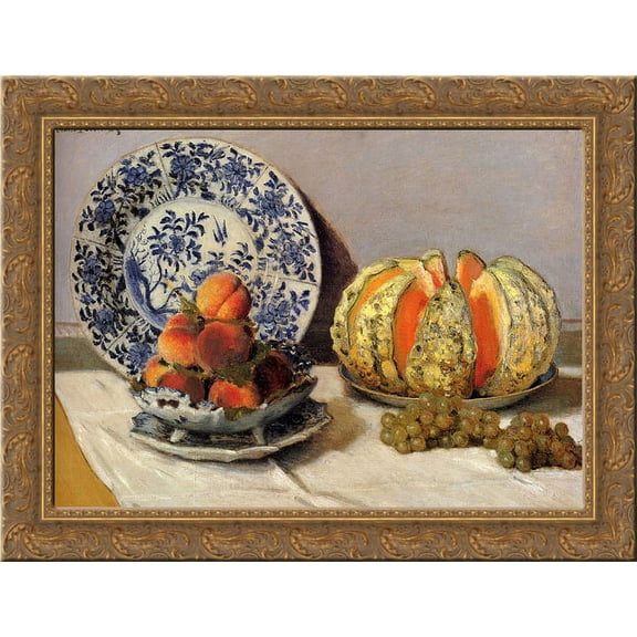 Still Life with Melon 24x20 Gold Ornate Wood Framed Canvas Art by Monet, Claude