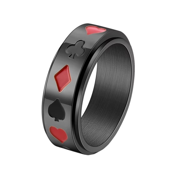 HIJONES Men's Stainless Steel Playing Card Gamble Rotatable Ring Anxiety Relieves Strees Ring 8MM Black Size 10
