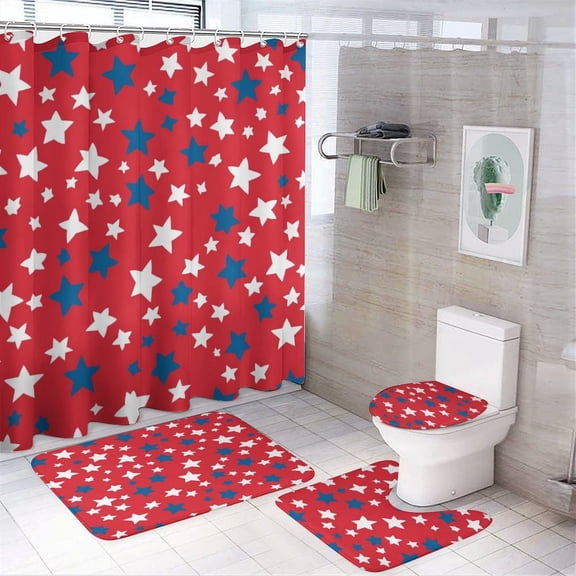 4 Pcs Shower Curtain Sets Red, White, And Blue Star Pattern Bathroom Shower Curtain Set with Rugs 4th of July Bathroom Accessories Set Decor with 12 Hooks for Bathroom Decor Set 72inch X 72inch