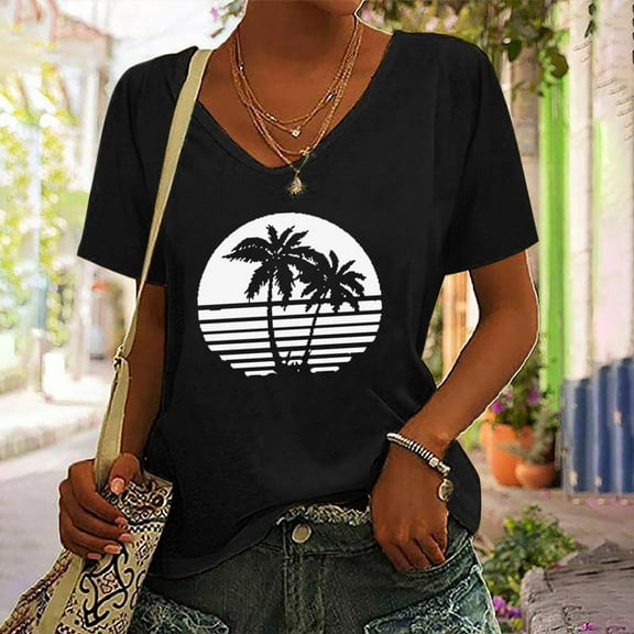 Womens Hawaiian T-Shirts,Womens Cute Tropical Print Graphic Tee Shirts Vneck Short Sleeve Casual Summer Beach Vacation Shirts Tops