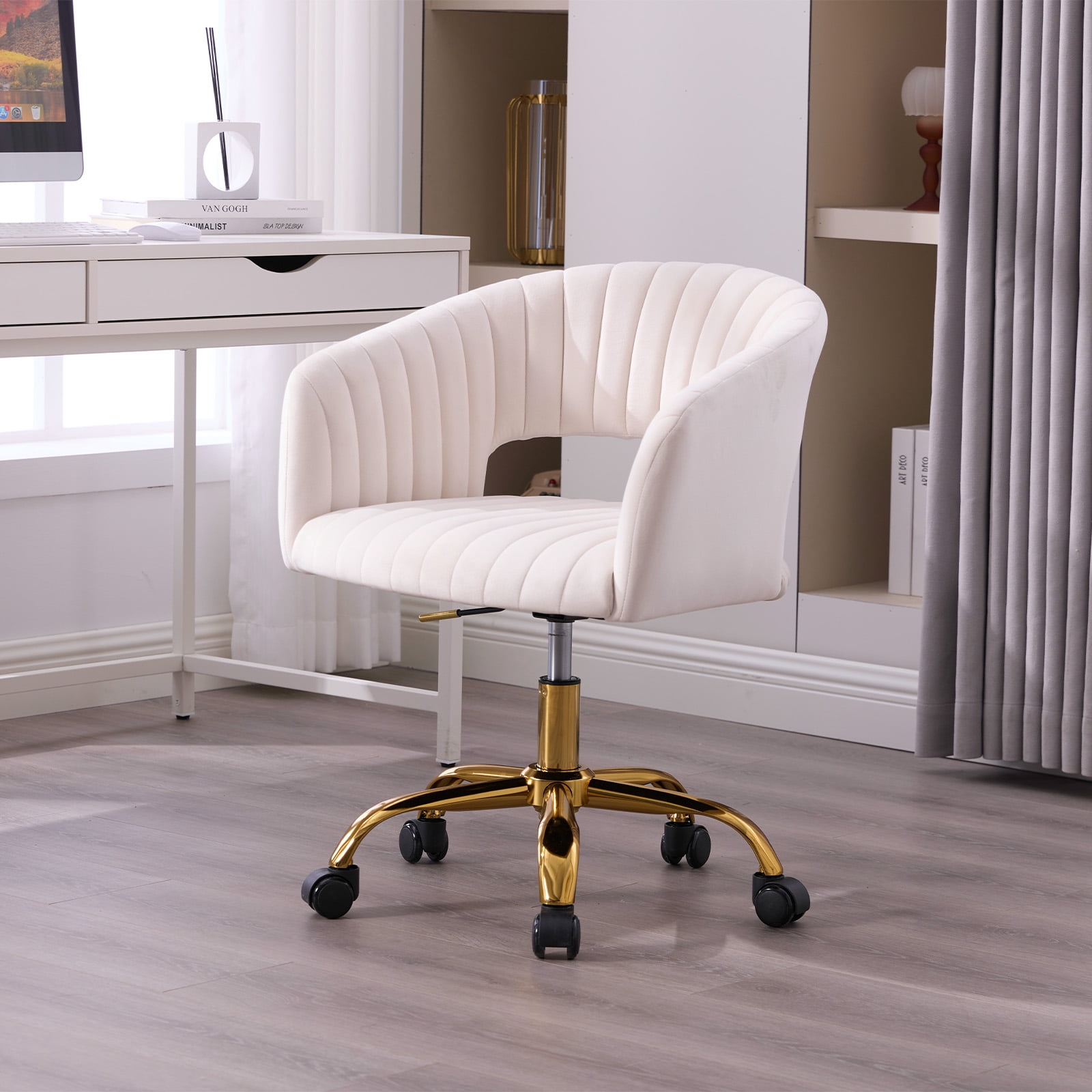 MOONMISS Modern Velvet Office Chair with Gold Base,Adjustable Swivel Desk Chair with Wheels,Low Back Rolling Vanity Chair,Ivory