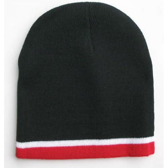 Men's Knitted Black with Red Stripe Beanie Hat Cap