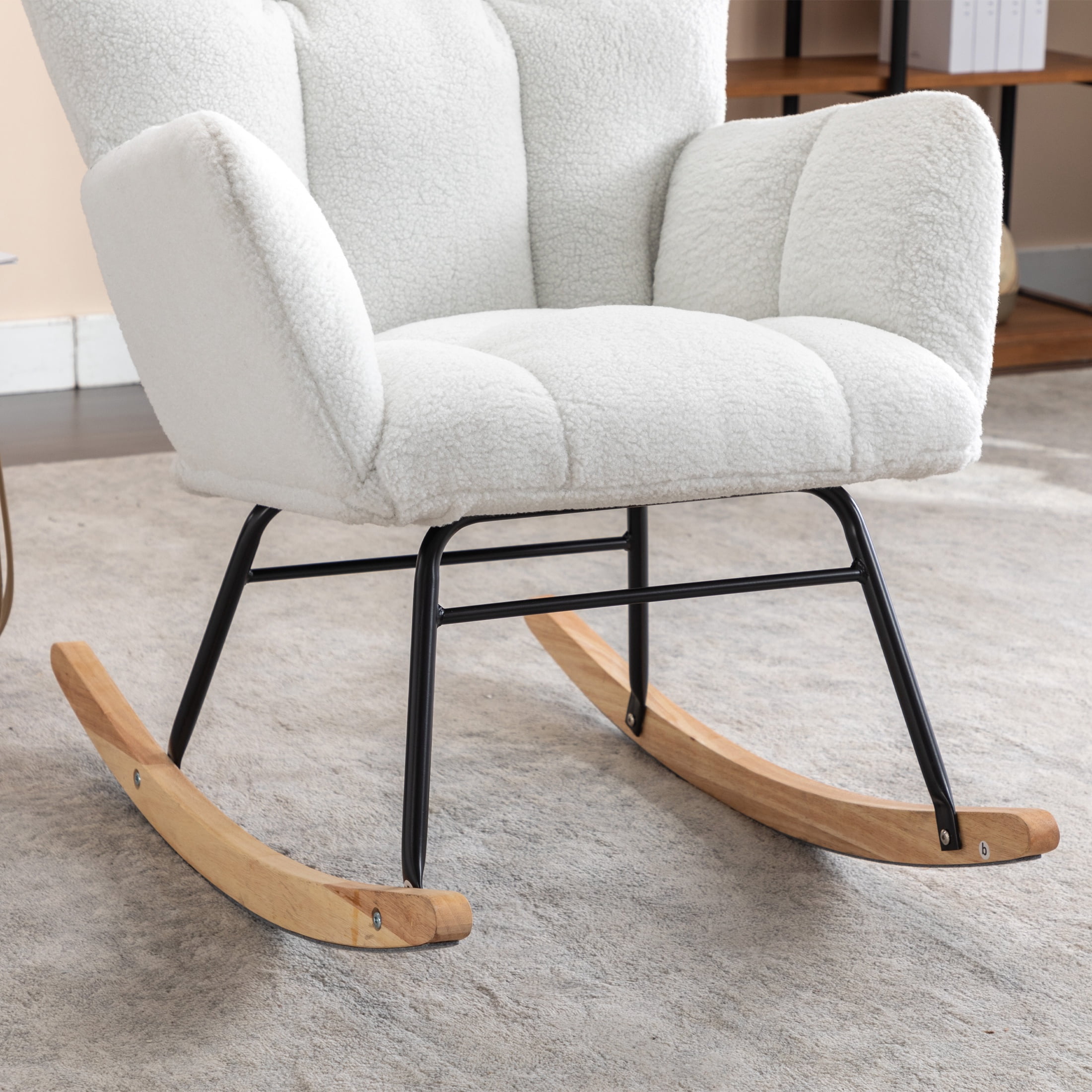 PORKISS Modern Rocking Chair, Upholstered Teddy Fabric Accent Chairs with High Backrest, Glider Rocker Comfortable Armchair with Padded Seat for Living Room Bedroom Playroom, Ivory