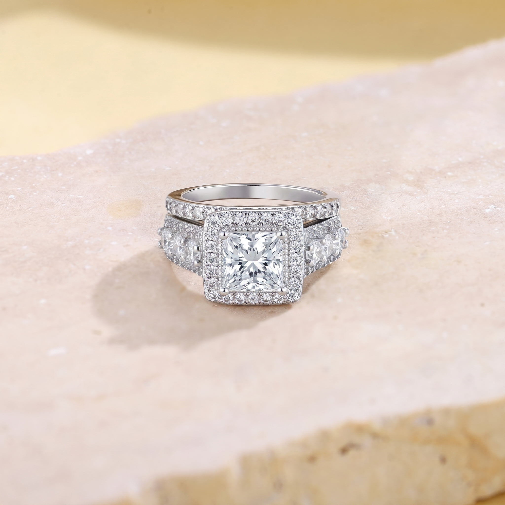 SFTING Wedding Rings for Women Halo Princess Cut Engagement Rings Enternity 5A CZ Silver 18K Plated Jewelry Promise Rings for Her Size 7