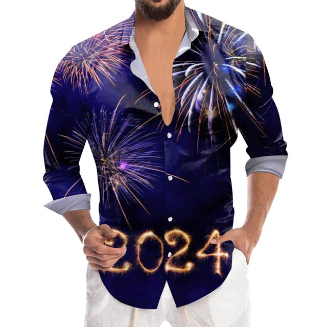 Camisas De Vestir Para Hombre Manga Larga Camisa de manga larga con solapa con botones y estampado digital 3D para hombre de Año Nuevo y Festival de Primavera (Black, XL)