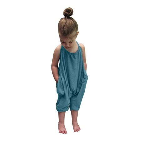

Toddler Baby Girls Jumpsuit Solid Strap Sleeveless Romper with Pockets Haren Pants Summer Casual One Piece Outfits