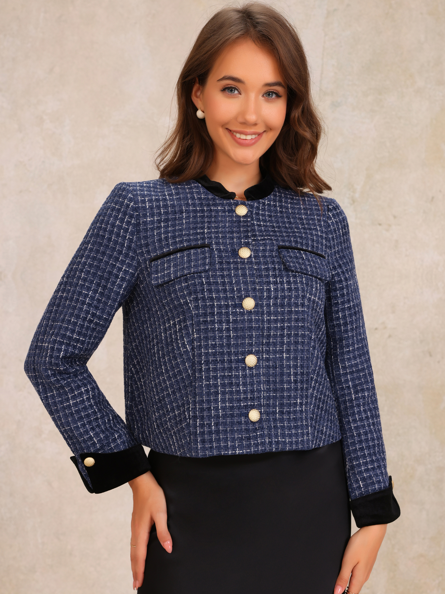 DARING DIVA Tweed Blazer Vintage Button Work Office Short Jacket M Blue