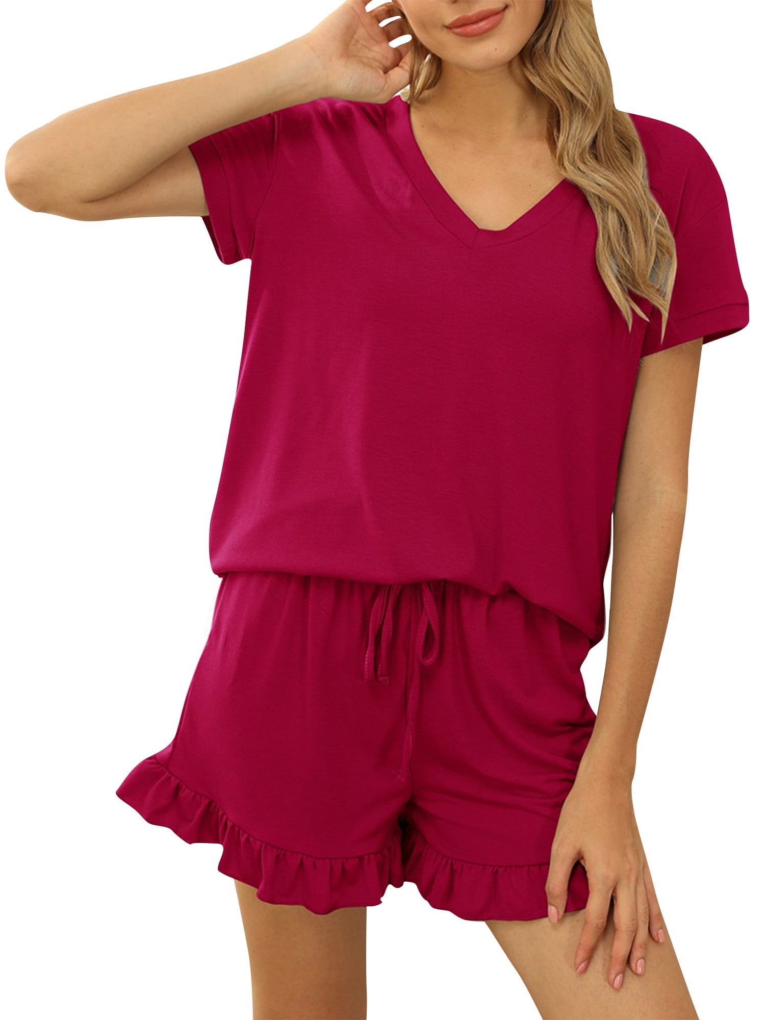 Womens Casual Lounge Pajamas Set V Neck Loose T Shirt Shorts Sleepwear Nightwear Womens Casual Lounge Pajamas Set V Neck Loose T Shirt Shorts Sleepwear Nightwear
