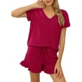 thumbnail image 2 of UKAP Ladies Sleepwear V Neck Pajamas Sets Ruffle Two Piece Outfits Loose Sleep Nightwear Red L, 2 of 4