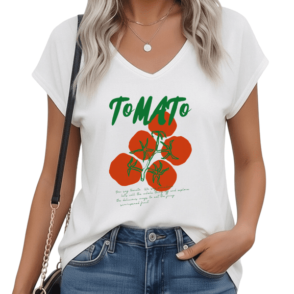UNISHE Retro Tomato Slogan Graphic Tees V-neck Print Tshirt Shirts White S-5XL Tops