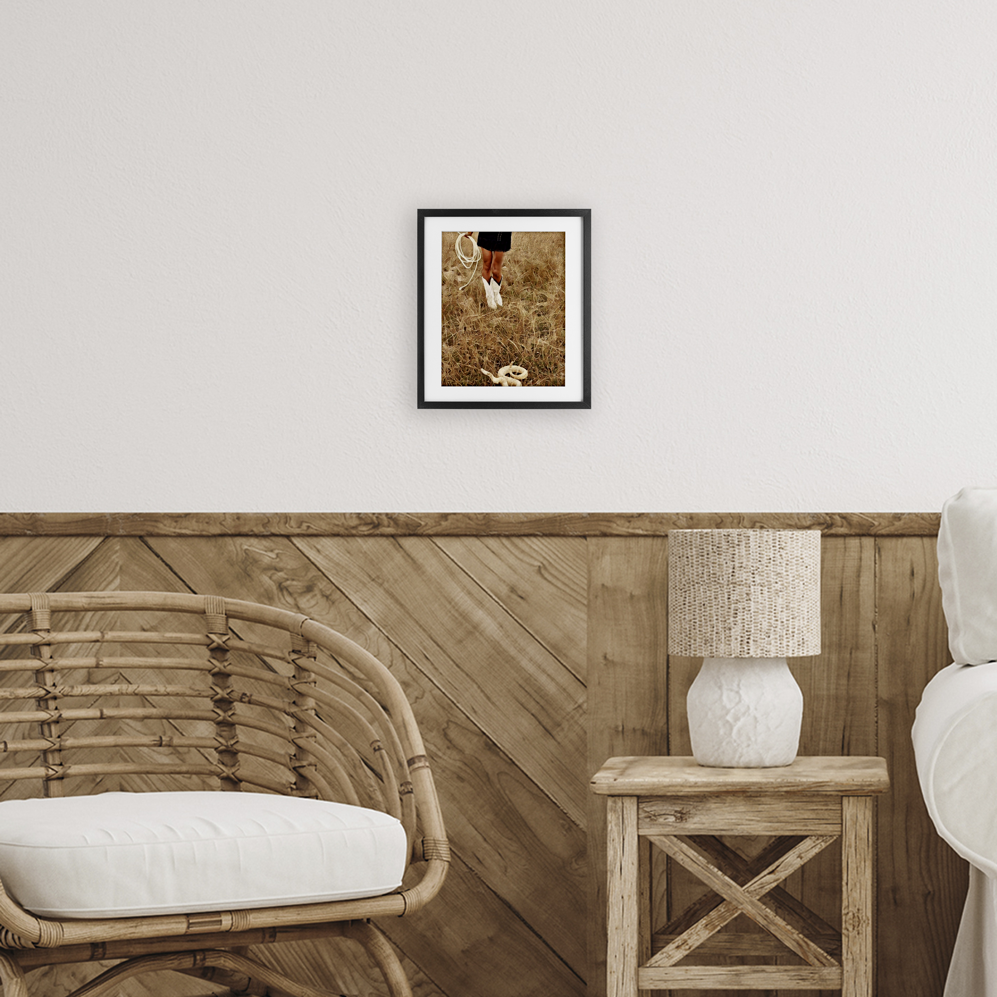 With Her Lasso & Snake Black Framed Print Under Glass, design by Jesse Keith