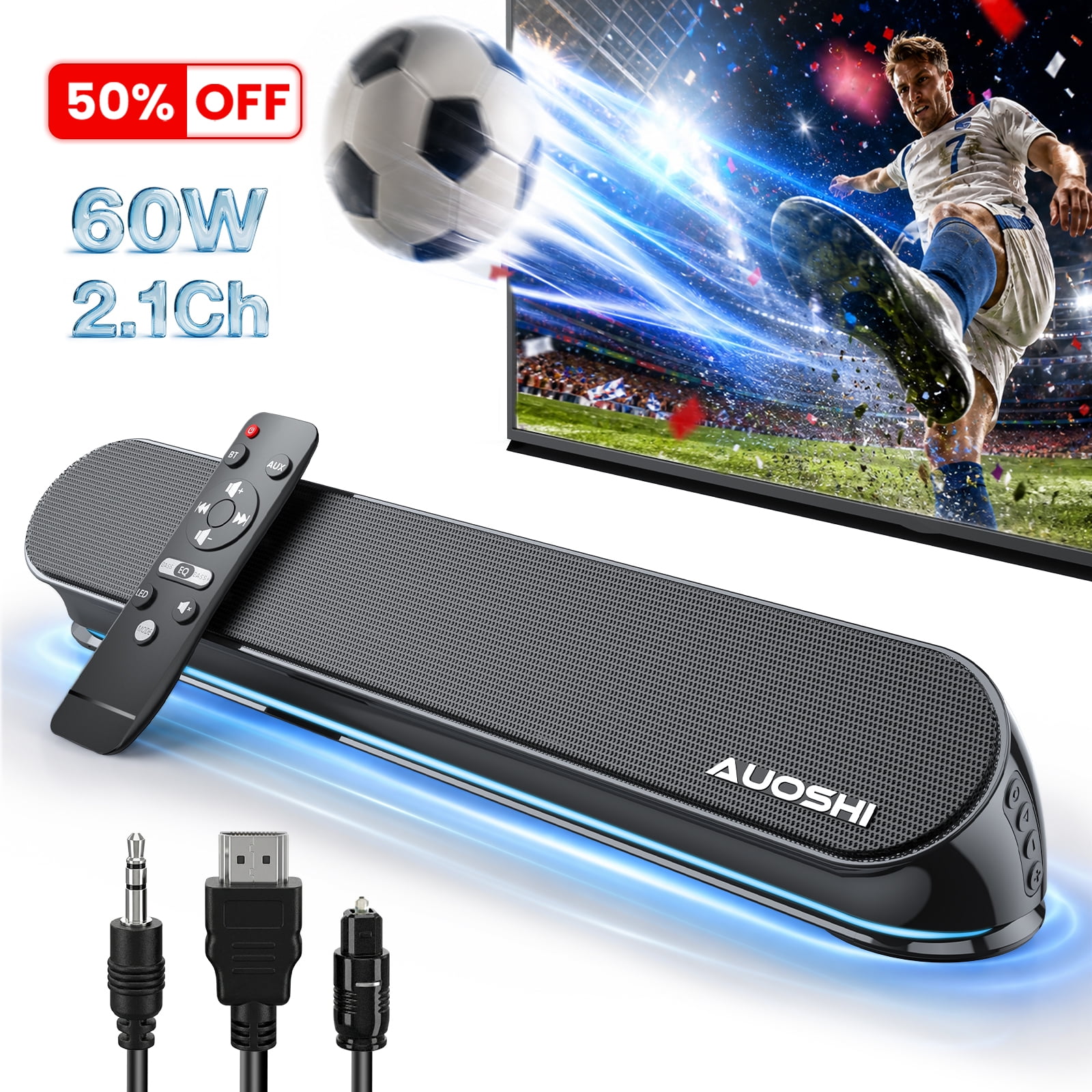 AUOSHI Small Sound Bar for TV, 2.1ch 60+W Compact Soundbar with Built-in Subwoofer, Bluetooth 5.4, 5 EQ Modes, HDMI ARC/Optical/AUX/USB, 16.5 inch