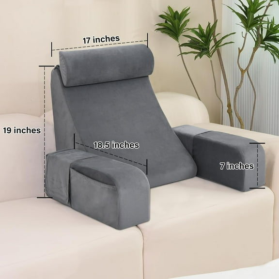 Reading Pillow for Sitting in Bed Adult, 19" Back Support Pillow for Bed Sitting up, Backrest Cushion for Reclining,Gaming,Resting,Watching TV in Couch or Floor, Wedge with Arms, Medium(Grey)
