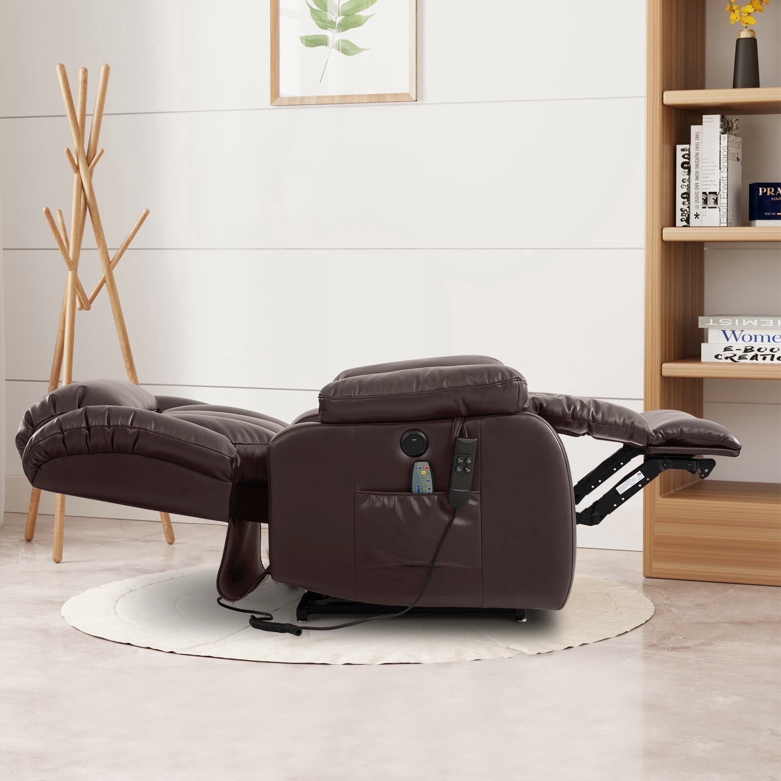 TEKAMON Power Lift Chair Recliner for Elderly with Heat and Massage, Lay Flat Sleeping Recliner Dual Motor Infinite Position Leather Lift Chair for Living Room (Brown)