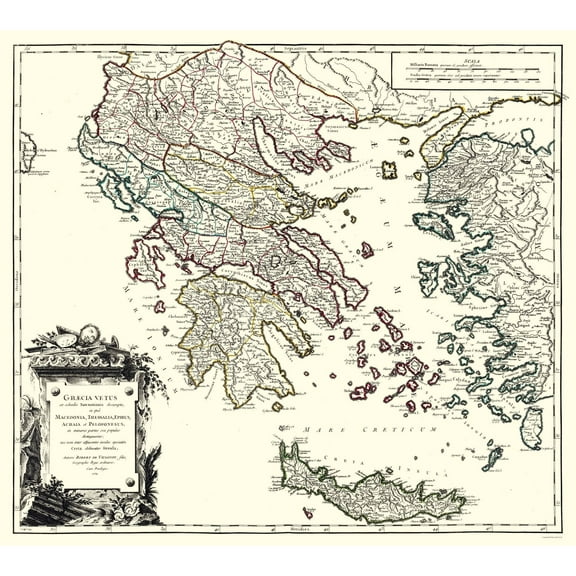 Historic Map - Ancient Greece - Vaugondy 1757 - 25.70 x 23 - Vintage Wall Art