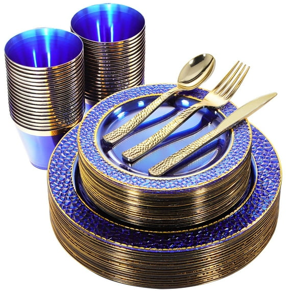 Nervure 150PCS Clear Blue Plastic Plates - Gold Party Plates - Blue and Gold Dinnerware Set Include: 50 Disposable Plate, 25Cups, 25Forks, 25Knives, 25Spoons for Wed