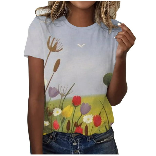Birdeem T-Shirt Décontracté à Manches Courtes Imprimé Plissé Col Rond Ample pour Femmes