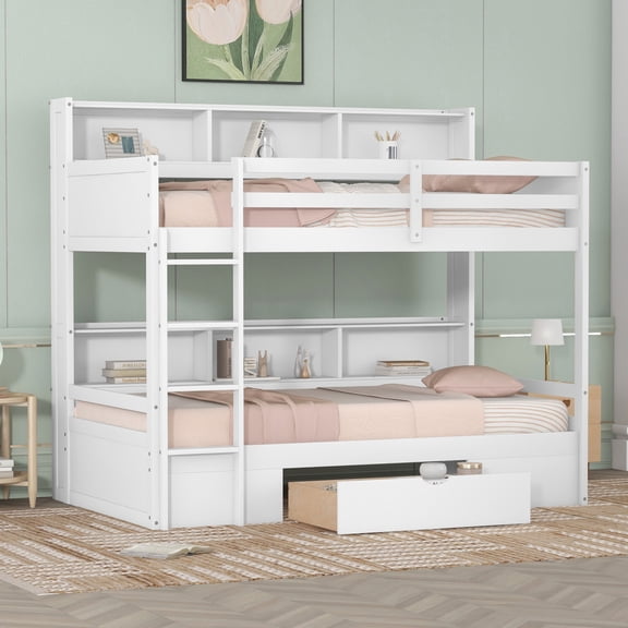 Twin Size Bunk Bed with Built-in Shelves Beside Both Upper and Down Bed,Storage Drawer, Wooden Loft Bed with Full-Length Guardrails, White