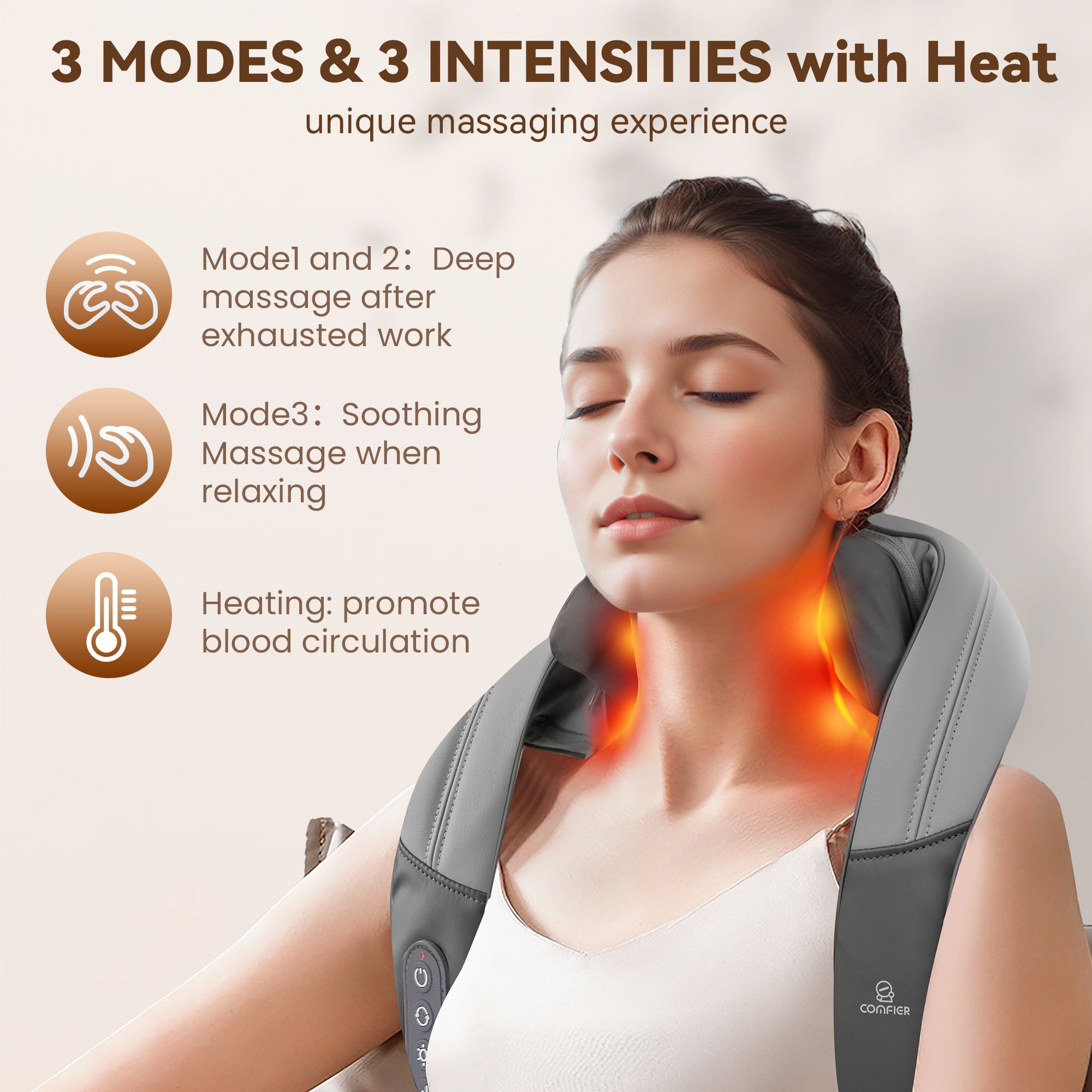 Comfier 4D Cordless Neck and Shoulder Massager with Heat, Shiatsu Kneading Back Massagers for Pain Relief