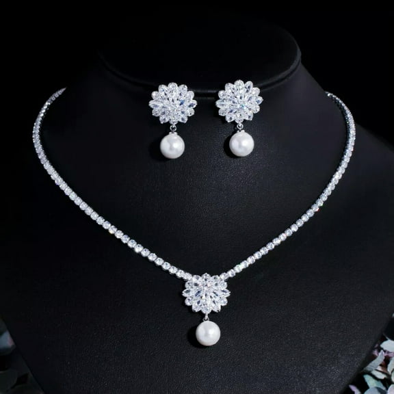 Gorgeous CZ Flower Pearl Drop Tennis Wedding Necklace Earring Bridal Jewelry Set
