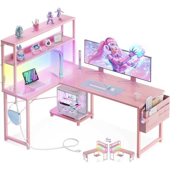 53 Inch L Shaped Desk with LED Lighting, Reversible Gaming Desk with Power Outlets, Cornor Computer Table with Storage Shelves & Bag & Iron Hook, Home Office Table for Writing, Study, Pink
