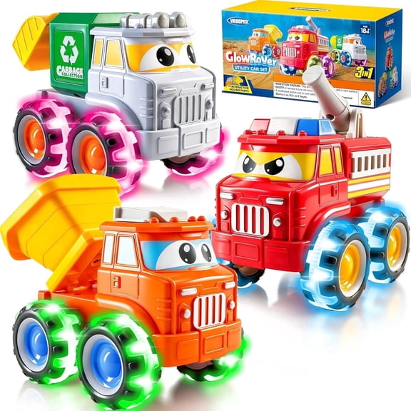 VROOMIX 3 Pack GlowRover Monster Truck Toys ,LED Light Up Wheels - Garbage Truck, Fire Truck & Construction Truck, Grat Christmas and Birthday Gift for Toddler 18 Month