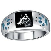 Men's Sterling Silver Turquoise Gemstone Inlay Wolf with Paw and Claw Southwestern Style Ring