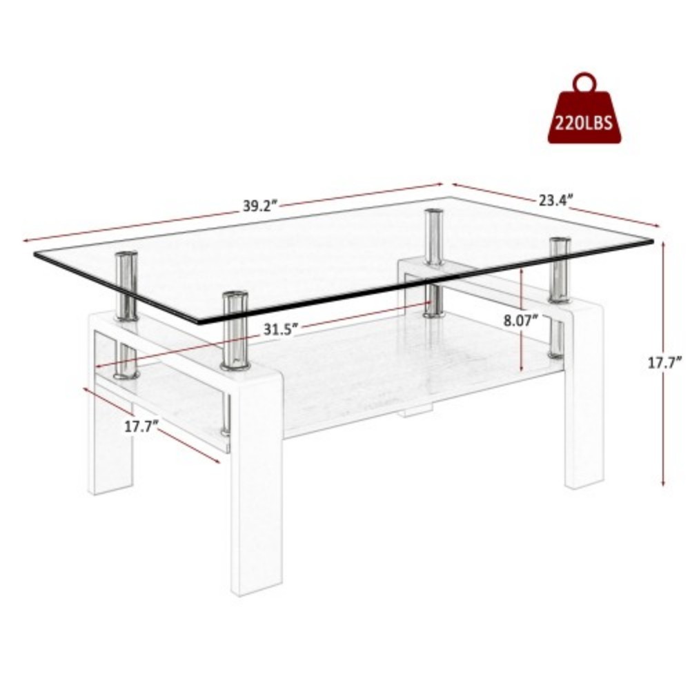 Rectangle Coffee Table, 39.2" Gray Tempered Glass Tabletop with White MDF Storage Shelf and Iron Legs, Modern Clear Glass Center Table for Living Room, 220 lbs